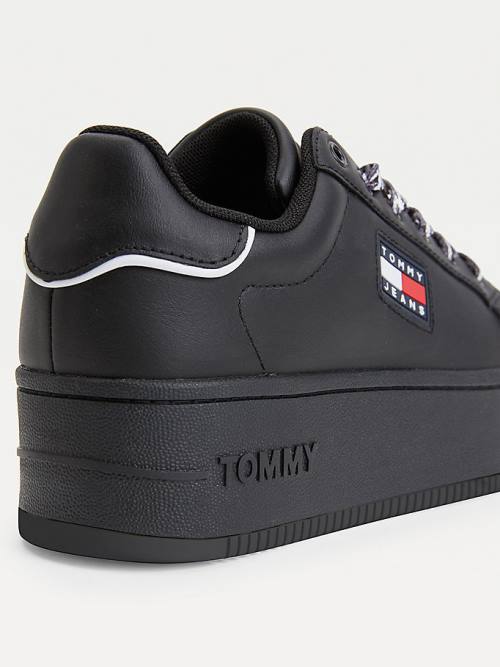 Tommy Hilfiger Bőr Flatform Cupsole Tornacipő Női Fekete | TH321VLQ