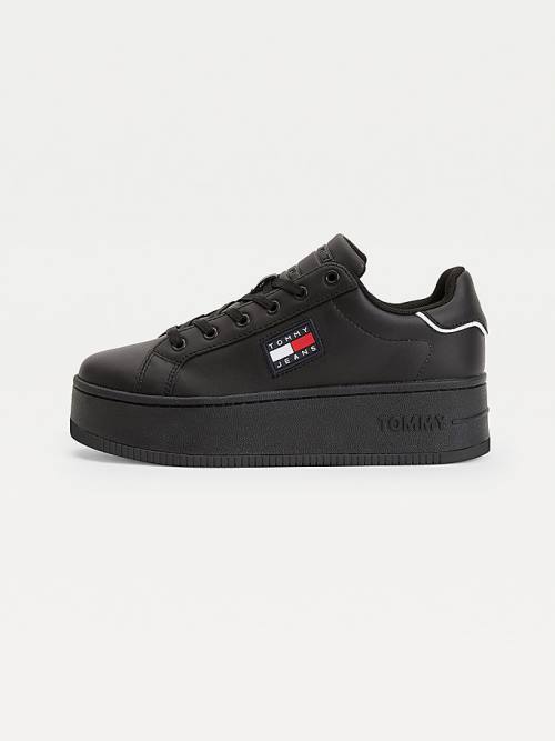 Tommy Hilfiger Bőr Flatform Cupsole Tornacipő Női Fekete | TH321VLQ