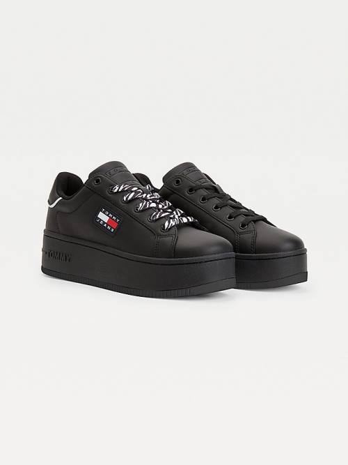 Tommy Hilfiger Bőr Flatform Cupsole Tornacipő Női Fekete | TH321VLQ