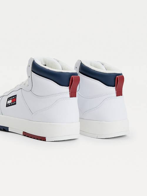 Tommy Hilfiger Bőr Mid-Top Tornacipő Férfi Fehér | TH579ZPK