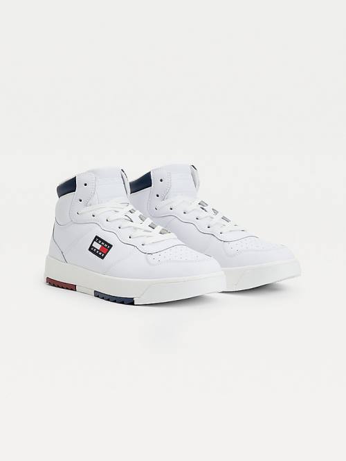 Tommy Hilfiger Bőr Mid-Top Tornacipő Férfi Fehér | TH579ZPK