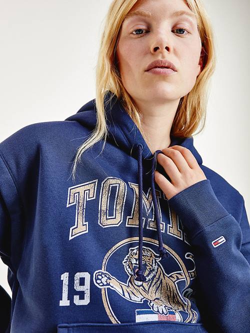 Tommy Hilfiger College Tiger Logo Relaxed Kapucnis Pulóver Női Kék | TH430TBG