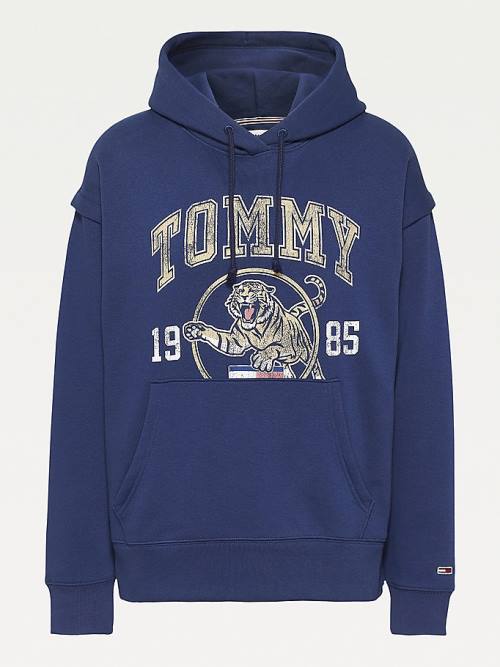 Tommy Hilfiger College Tiger Logo Relaxed Kapucnis Pulóver Női Kék | TH430TBG