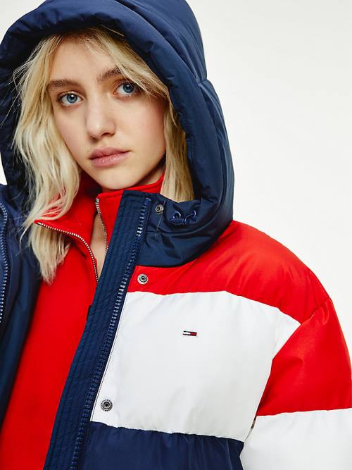 Tommy Hilfiger Colour-Blocked Belted Down Puffer Kabát Női Kék | TH456MFQ