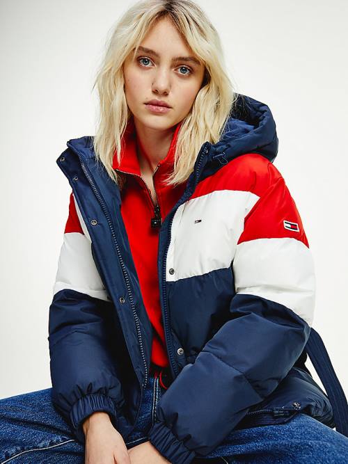 Tommy Hilfiger Colour-Blocked Belted Down Puffer Kabát Női Kék | TH456MFQ