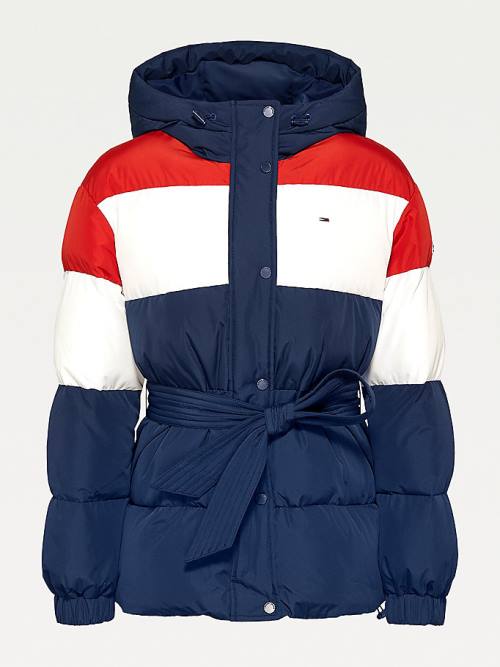 Tommy Hilfiger Colour-Blocked Belted Down Puffer Kabát Női Kék | TH456MFQ