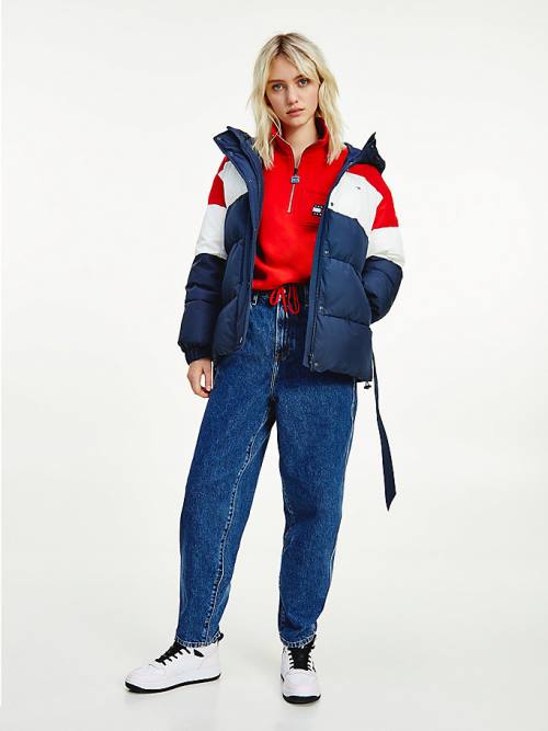 Tommy Hilfiger Colour-Blocked Belted Down Puffer Kabát Női Kék | TH456MFQ