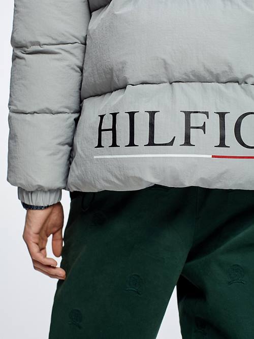 Tommy Hilfiger Colour-Blocked Csuklyás High Loft Puffer Kabát Férfi Szürke | TH829RZB