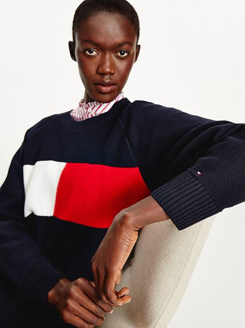 Tommy Hilfiger Colour-Blocked Flag Jumper Ruha Női Kék | TH937YVP