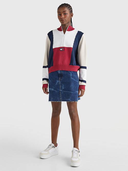 Tommy Hilfiger Colour-Blocked Half-Zip Jumper Pulóverek Női Piros | TH619SFQ