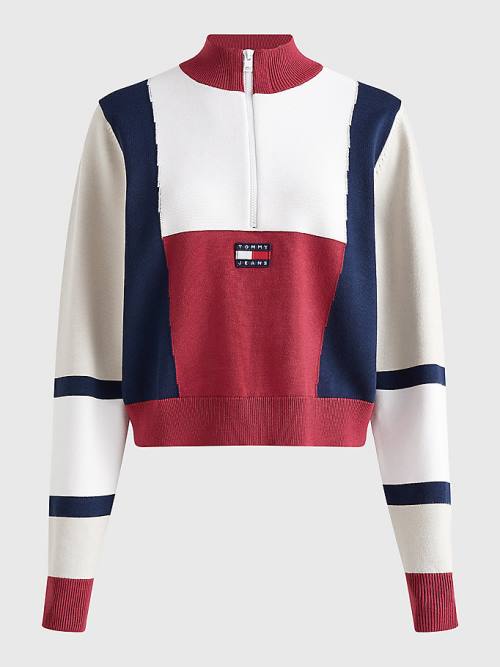 Tommy Hilfiger Colour-Blocked Half-Zip Jumper Pulóverek Női Piros | TH619SFQ