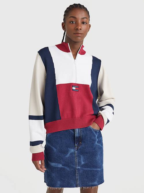 Tommy Hilfiger Colour-Blocked Half-Zip Jumper Pulóverek Női Piros | TH619SFQ