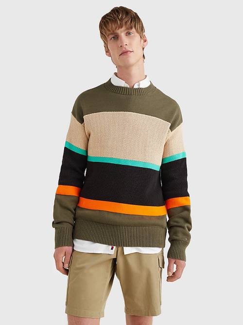 Tommy Hilfiger Colour-Blocked Mixed Knit Jumper Pulóverek Férfi Khaki | TH781PEX