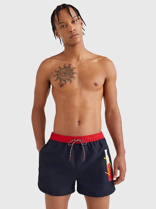 Tommy Hilfiger Colour-Blocked Rövid Length Shorts Fürdőruha Férfi Kék | TH137PYS