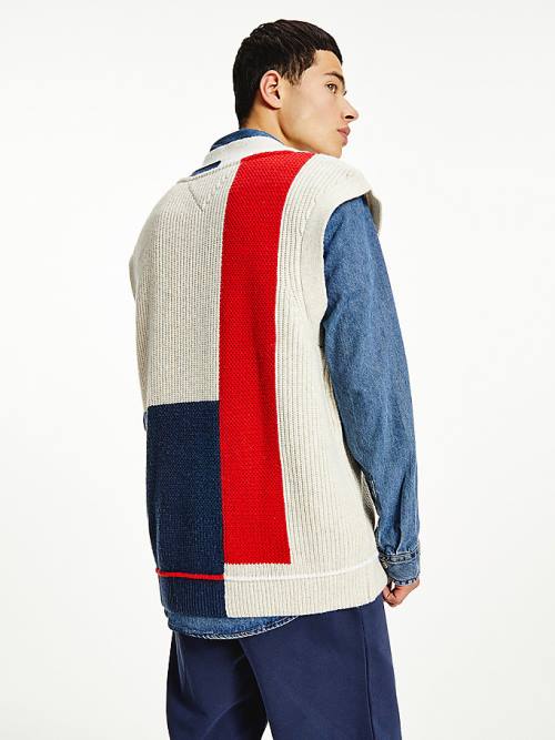 Tommy Hilfiger Colour-Blocked V-Neck Vest Pulóver Férfi Kék | TH076PLZ