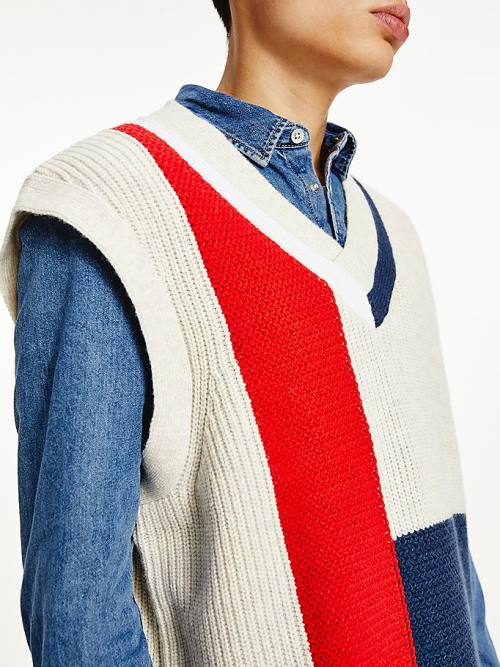 Tommy Hilfiger Colour-Blocked V-Neck Vest Pulóver Férfi Kék | TH076PLZ