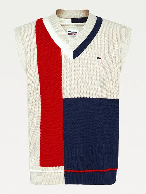 Tommy Hilfiger Colour-Blocked V-Neck Vest Pulóver Férfi Kék | TH076PLZ