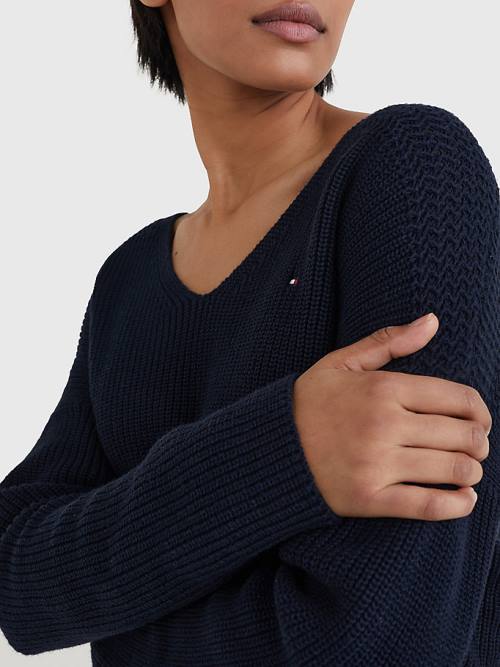 Tommy Hilfiger Contrast Knit Relaxed Fit V-Neck Jumper Pulóverek Női Kék | TH478YHC