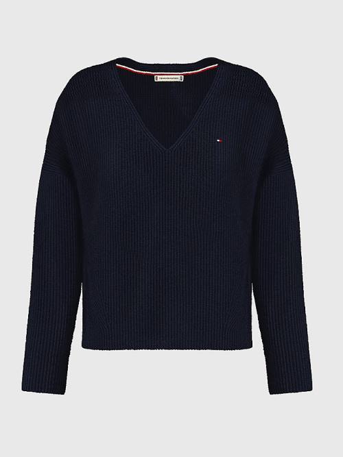 Tommy Hilfiger Contrast Knit Relaxed Fit V-Neck Jumper Pulóverek Női Kék | TH478YHC