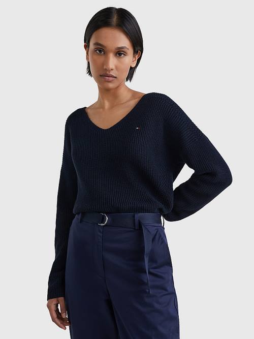 Tommy Hilfiger Contrast Knit Relaxed Fit V-Neck Jumper Pulóverek Női Kék | TH478YHC