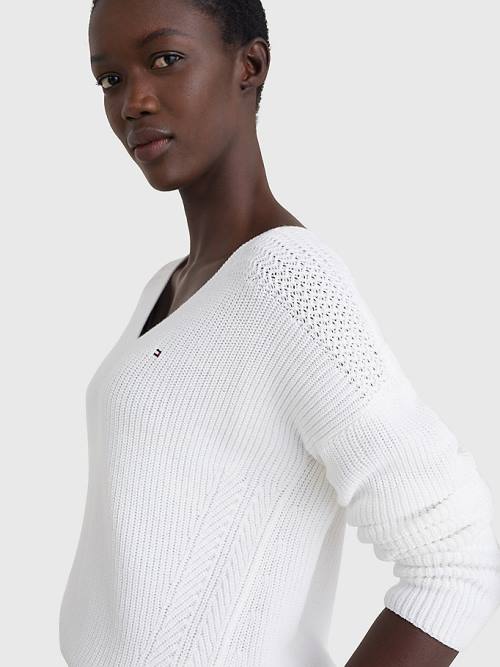 Tommy Hilfiger Contrast Knit Relaxed Fit V-Neck Jumper Pulóverek Női Fehér | TH637OSB