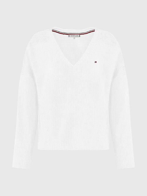 Tommy Hilfiger Contrast Knit Relaxed Fit V-Neck Jumper Pulóverek Női Fehér | TH637OSB