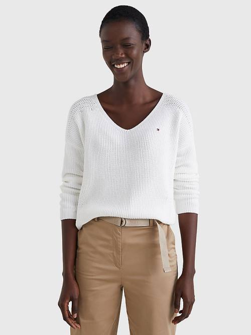 Tommy Hilfiger Contrast Knit Relaxed Fit V-Neck Jumper Pulóverek Női Fehér | TH637OSB