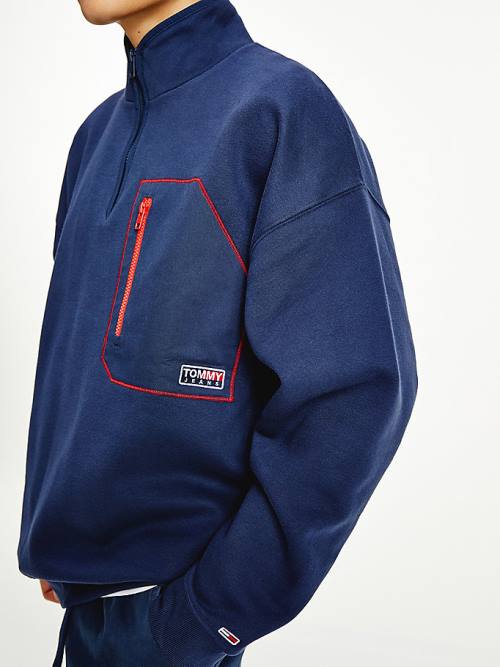 Tommy Hilfiger Contrast Pocket Half-Zip Pulóver Férfi Kék | TH402THY