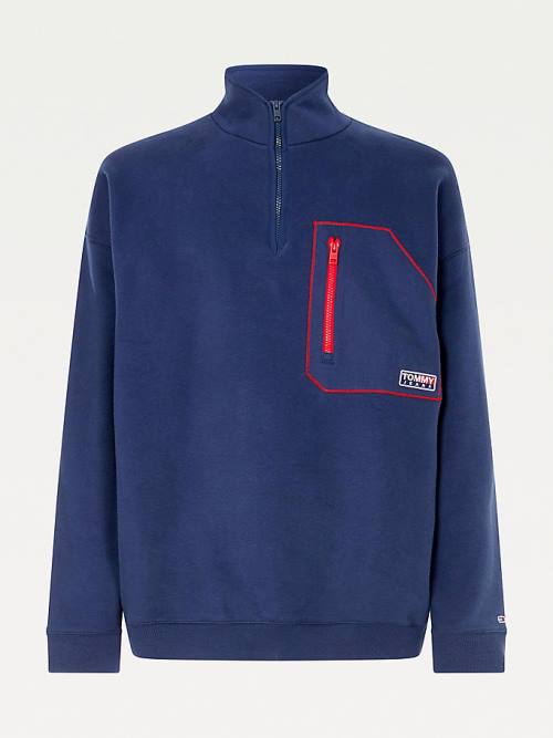 Tommy Hilfiger Contrast Pocket Half-Zip Pulóver Férfi Kék | TH402THY