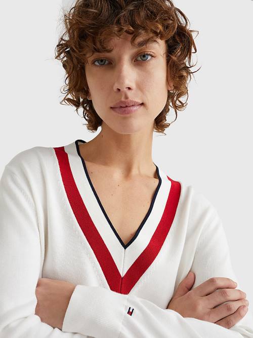 Tommy Hilfiger Contrast V Neck Jumper Pulóverek Női Fehér | TH581LHE