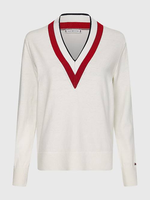 Tommy Hilfiger Contrast V Neck Jumper Pulóverek Női Fehér | TH581LHE