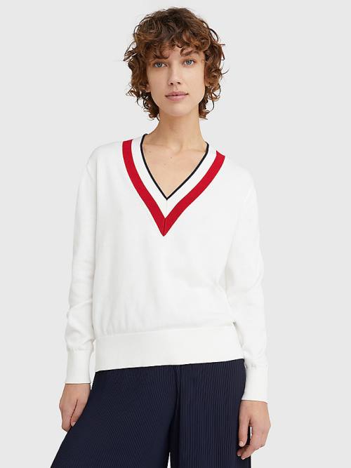 Tommy Hilfiger Contrast V Neck Jumper Pulóverek Női Fehér | TH581LHE