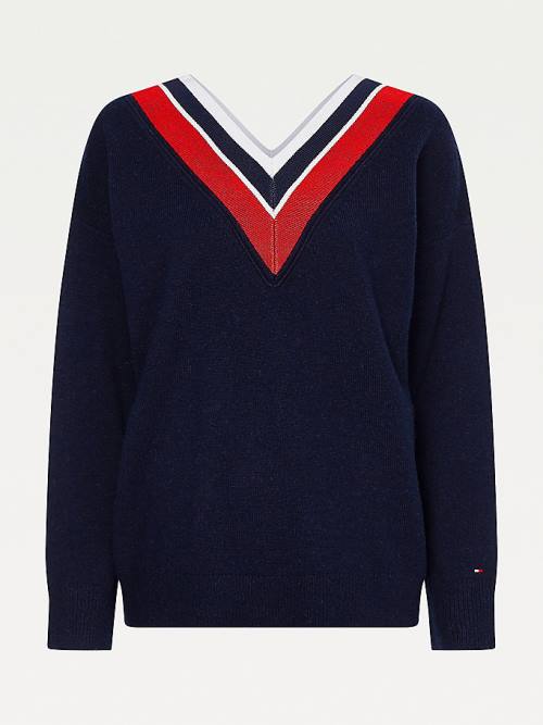 Tommy Hilfiger Contrast V-Neck Relaxed Fit Jumper Pulóverek Női Kék | TH274OJH