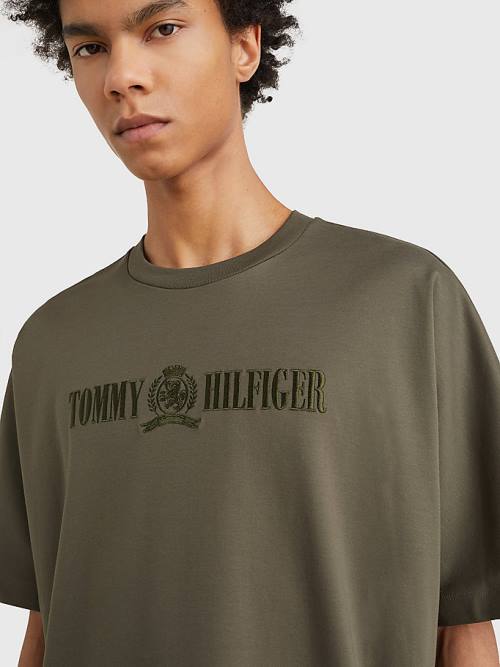 Tommy Hilfiger Crest Embroidery Organic Pamut Póló Férfi Khaki | TH128ISG