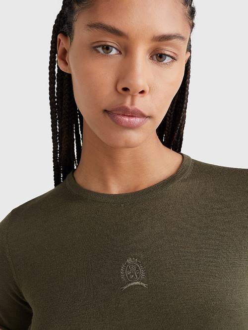 Tommy Hilfiger Crest Embroidery Wool Silk Póló Női Khaki | TH396NHI