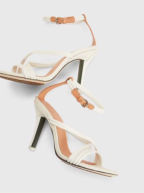 Tommy Hilfiger Crest Pántos High Heel Bőr Szandál Női Fehér | TH792KBQ