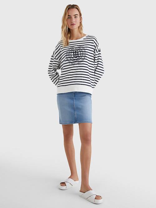 Tommy Hilfiger Crest Stripe Relaxed Pulóver Női Bézs | TH295MRB