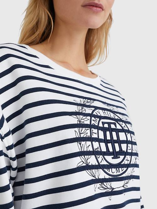 Tommy Hilfiger Crest Stripe Relaxed Pulóver Női Bézs | TH295MRB