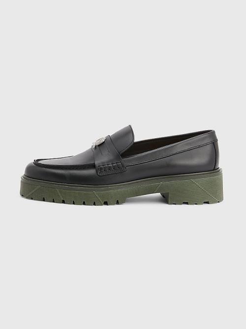 Tommy Hilfiger Crest Vaskos Bőr Loafers Ruha Cipő Férfi Fekete | TH605GLI