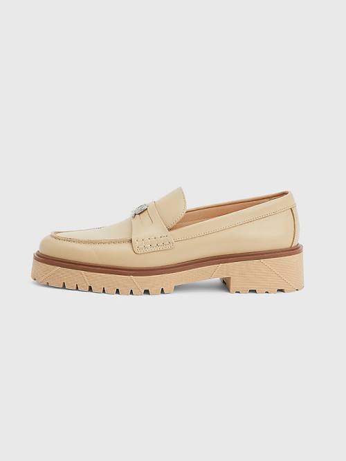 Tommy Hilfiger Crest Vaskos Bőr Loafers Ruha Cipő Férfi Bézs | TH725SVX