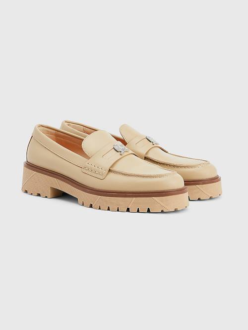 Tommy Hilfiger Crest Vaskos Bőr Loafers Ruha Cipő Férfi Bézs | TH725SVX