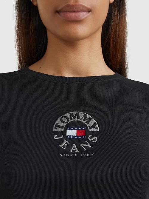 Tommy Hilfiger Cropped Logo Embroidery Long Sleeve Póló Női Fekete | TH571VPG