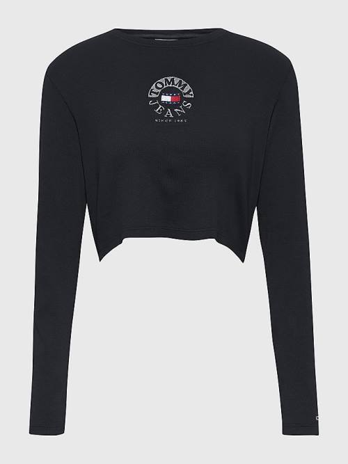 Tommy Hilfiger Cropped Logo Embroidery Long Sleeve Póló Női Fekete | TH571VPG