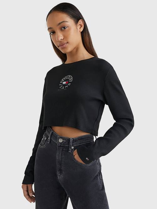 Tommy Hilfiger Cropped Logo Embroidery Long Sleeve Póló Női Fekete | TH571VPG