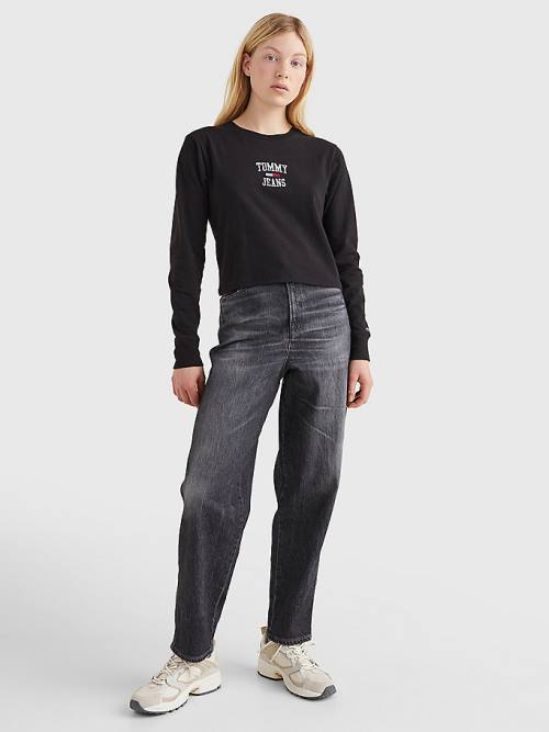 Tommy Hilfiger Cropped Logo Long Sleeve Póló Női Fekete | TH105NTY