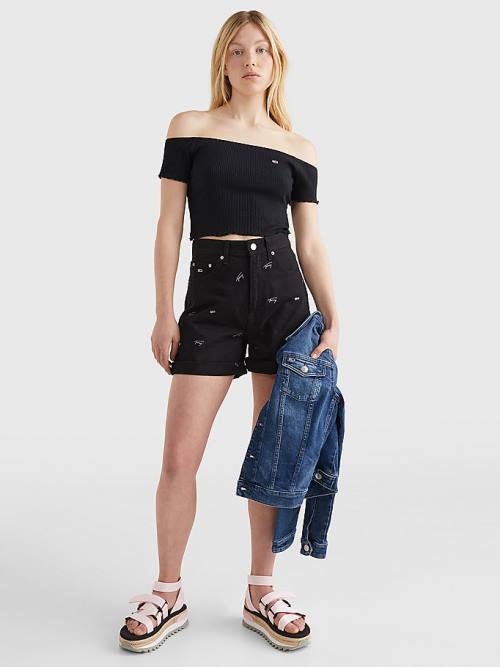 Tommy Hilfiger Cropped Off-The-Shoulder Póló Női Fekete | TH418JDP