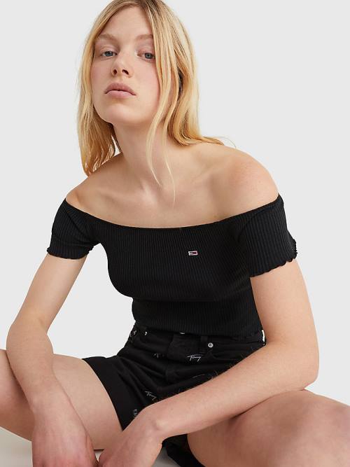 Tommy Hilfiger Cropped Off-The-Shoulder Póló Női Fekete | TH418JDP