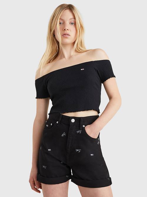 Tommy Hilfiger Cropped Off-The-Shoulder Póló Női Fekete | TH418JDP