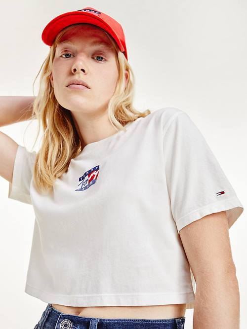 Tommy Hilfiger Cropped Pure Organic Pamut Logo Póló Női Fehér | TH953ABO