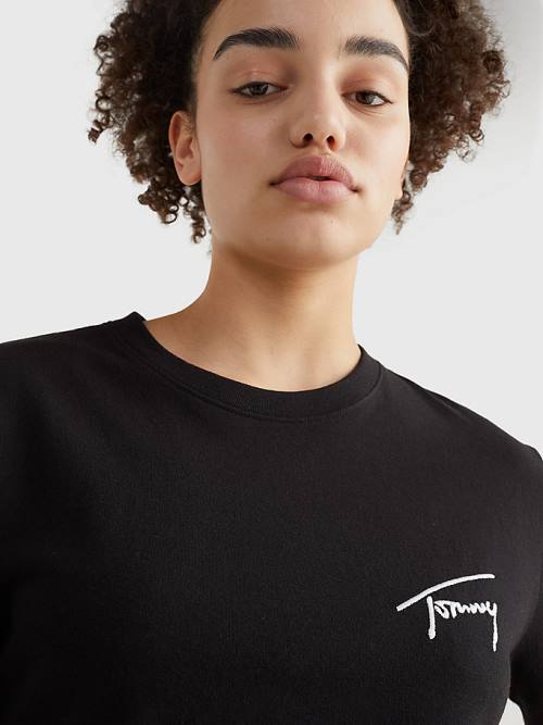 Tommy Hilfiger Cropped Signature Logo Póló Női Fekete | TH947CFI